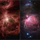 ภาพเนบิวลานายพรานในการมองเห็น (ซ้าย) และแสงอินฟราเรด (ขวา)