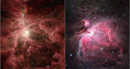 ภาพเนบิวลานายพรานในการมองเห็น (ซ้าย) และแสงอินฟราเรด (ขวา)